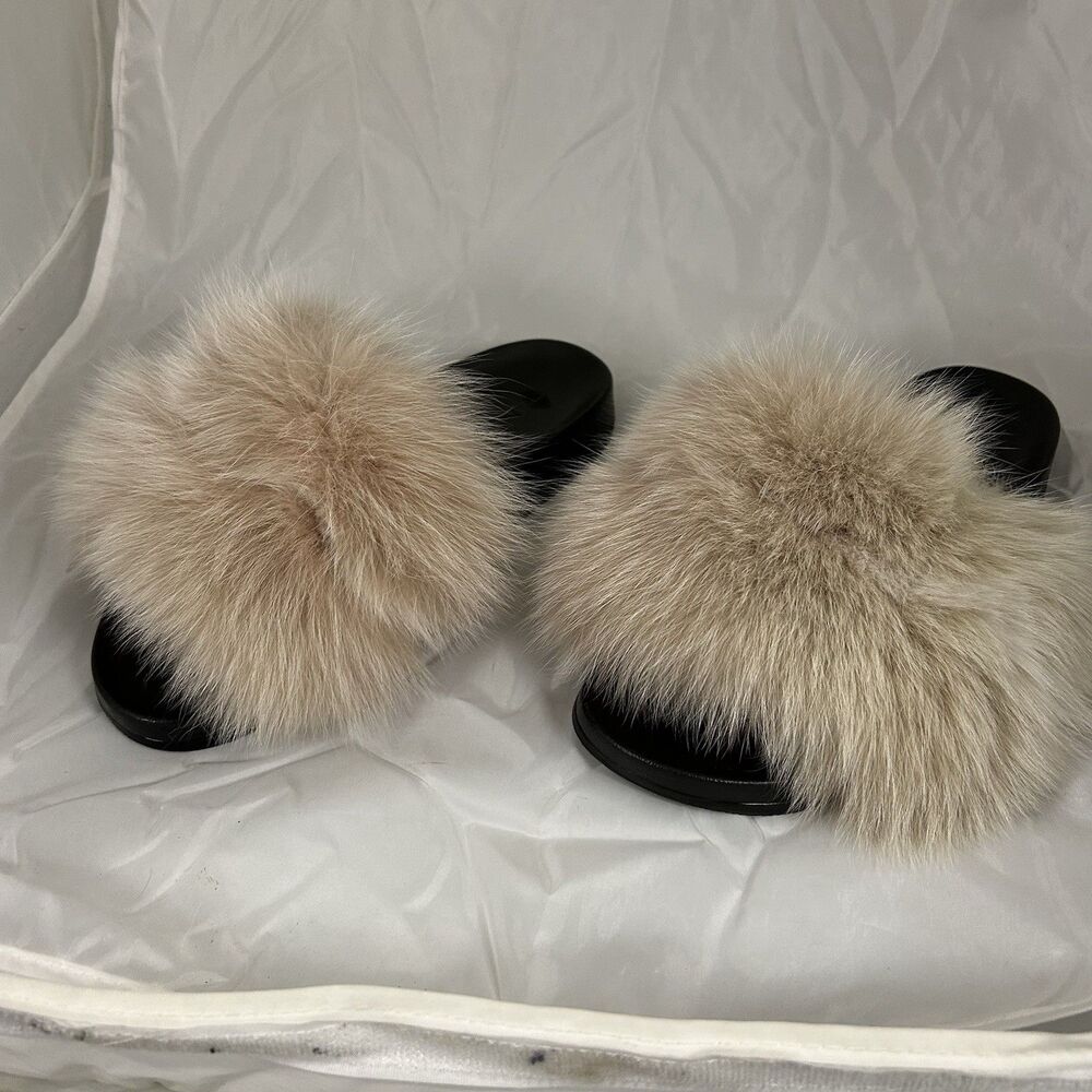 Haute Acorn Faux Fur Slide Sandals Beige Fluffy Slip On Slippers Womens Sz 8.5